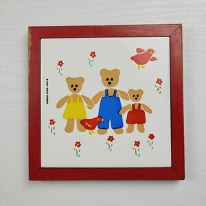 Vintage 1984 Gear Design Mama Papa Baby Bear  Wall decor red wood frame tile 80s